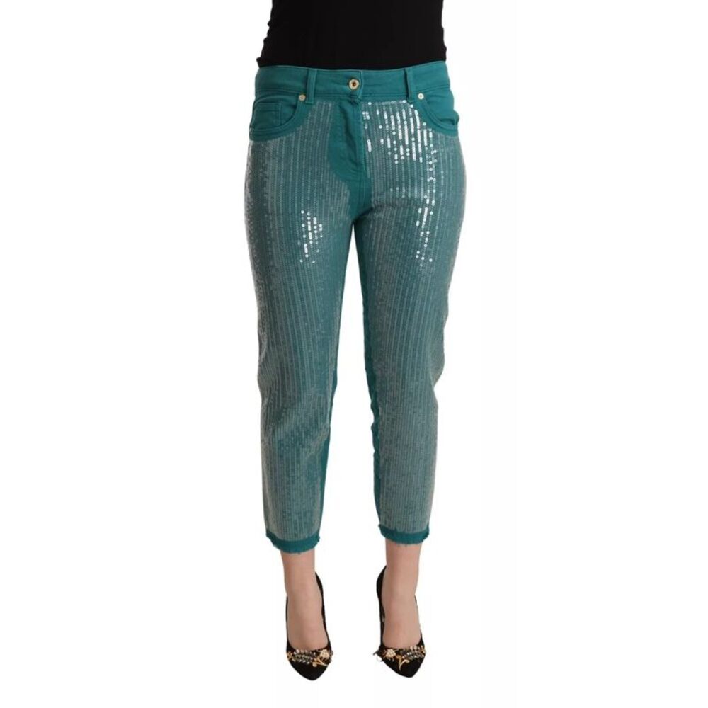 Blumarine Cadet Blue Sequined Low Waist Cropped Trouser Women's Pants
